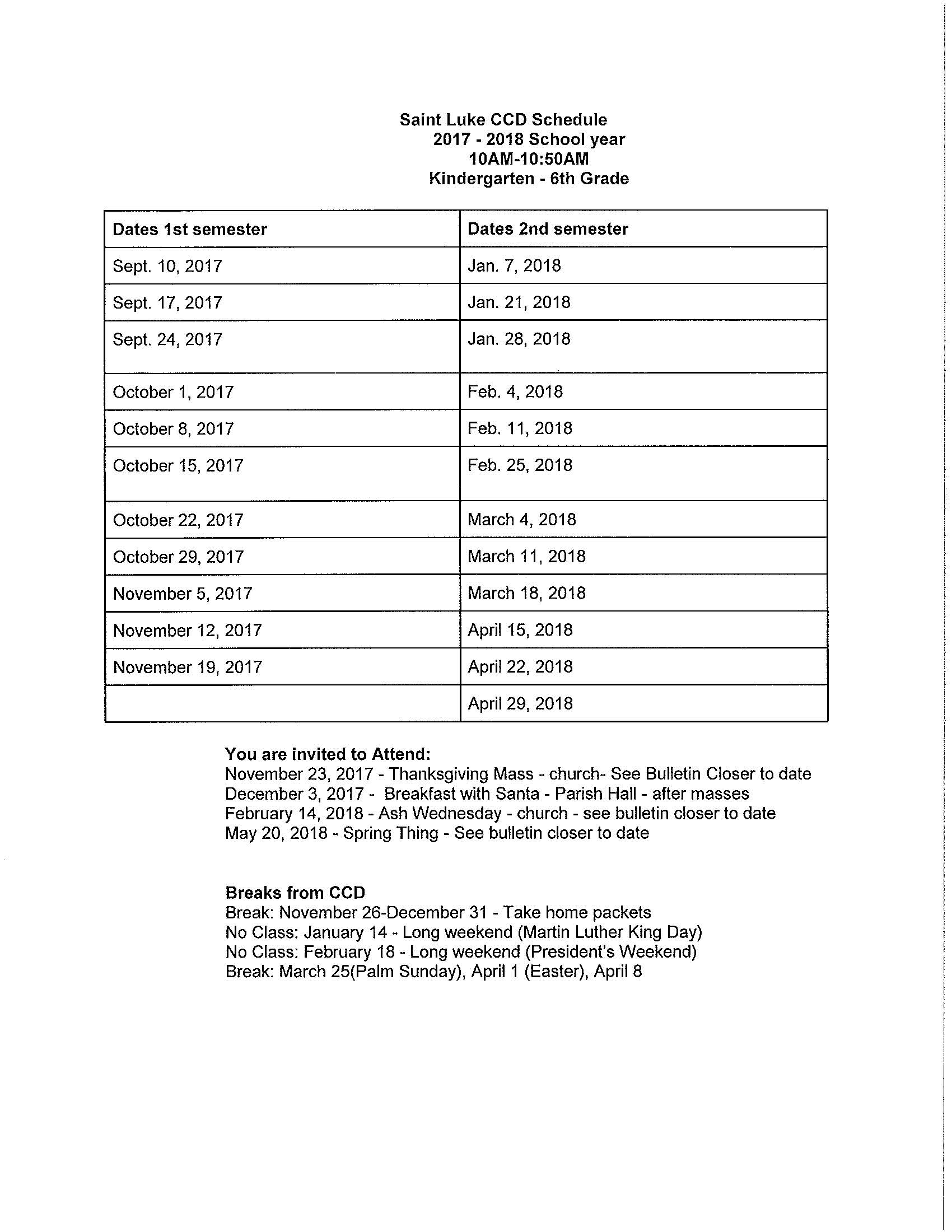 CCD Schedule 2017-2018